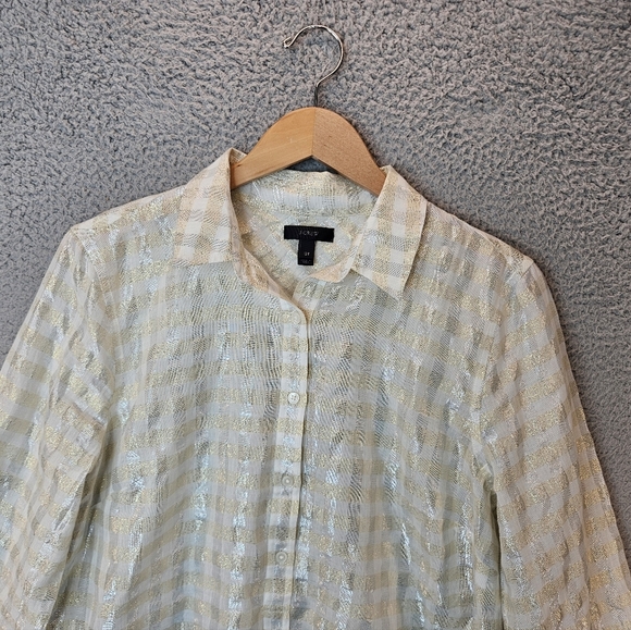 J. Crew Top Womens Sz 12 Tall White & Gold Metallic Plaid Voile Popover - Picture 2 of 11